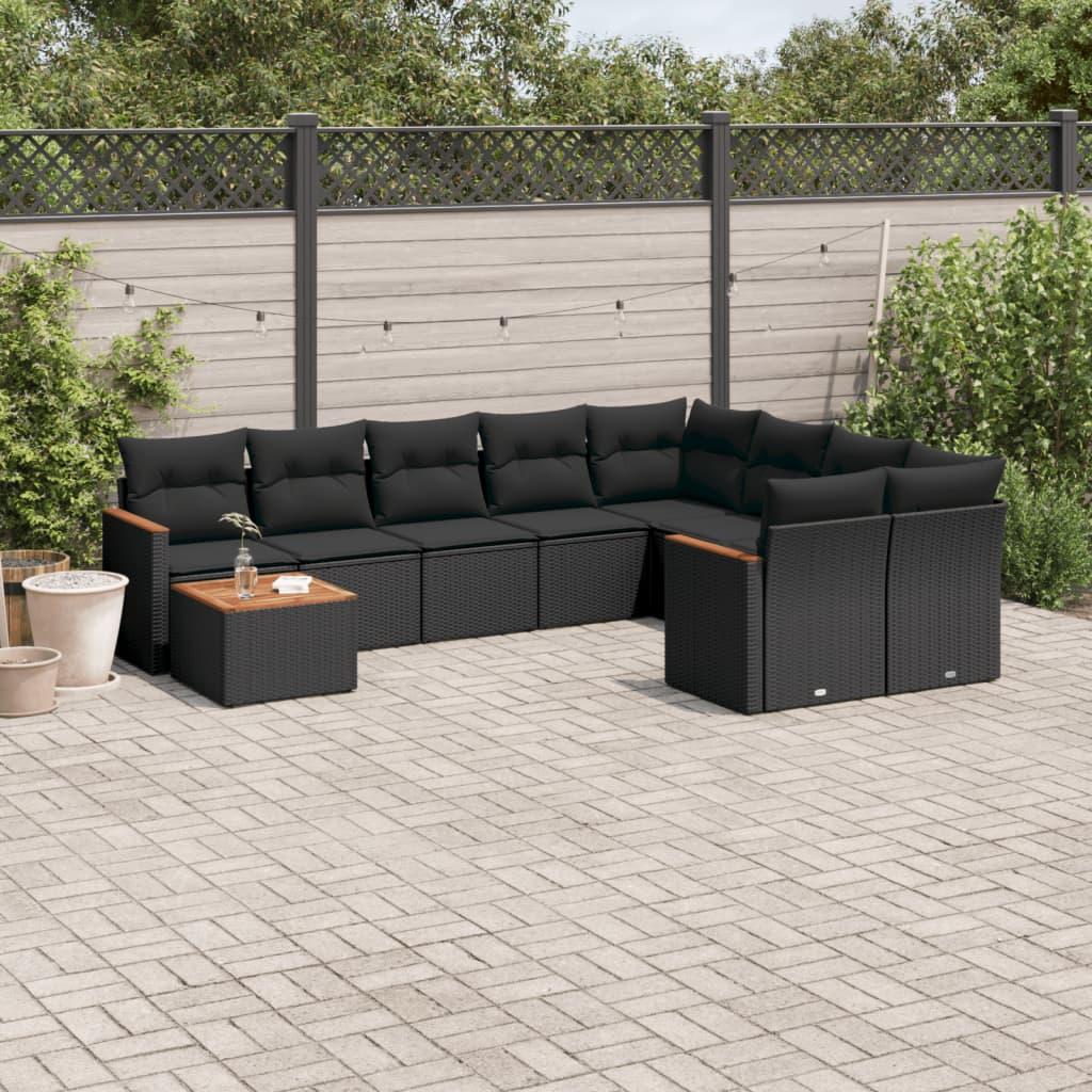 10 Piece Garden Sofa Set with Cushions Black Poly Rattan