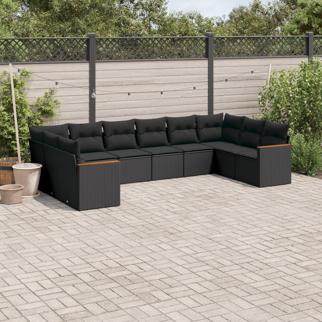 10 Piece Garden Sofa Set with Cushions Black Poly Rattan