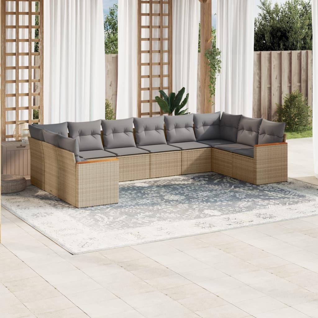 10 Piece Garden Sofa Set with Cushions Mix Beige Poly Rattan