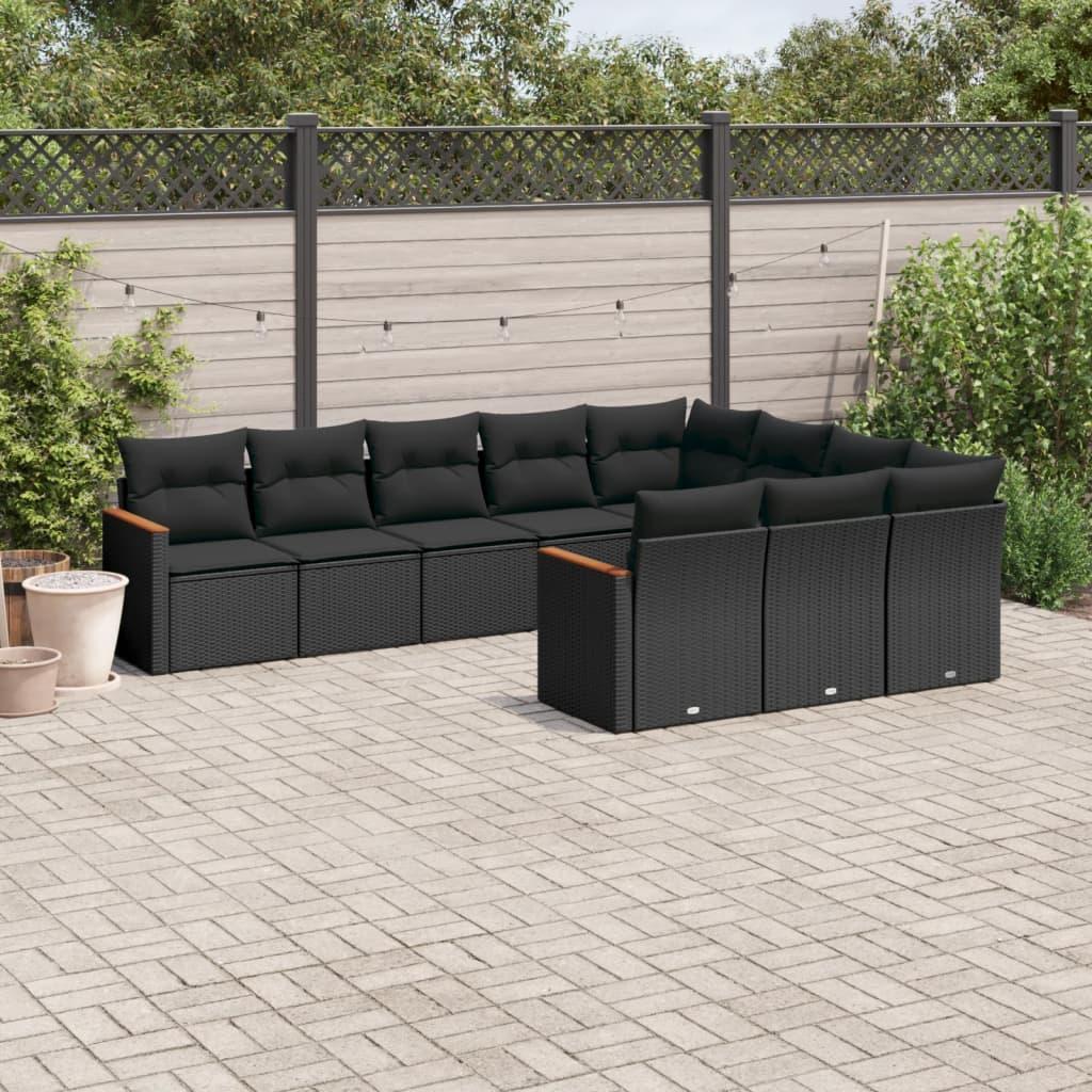 10 Piece Garden Sofa Set with Cushions Black Poly Rattan