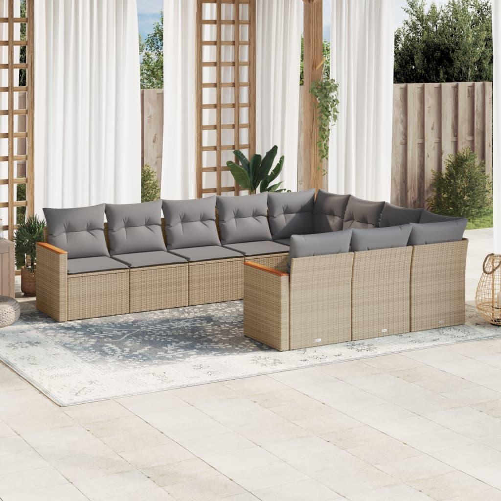 10 Piece Garden Sofa Set with Cushions Mix Beige Poly Rattan