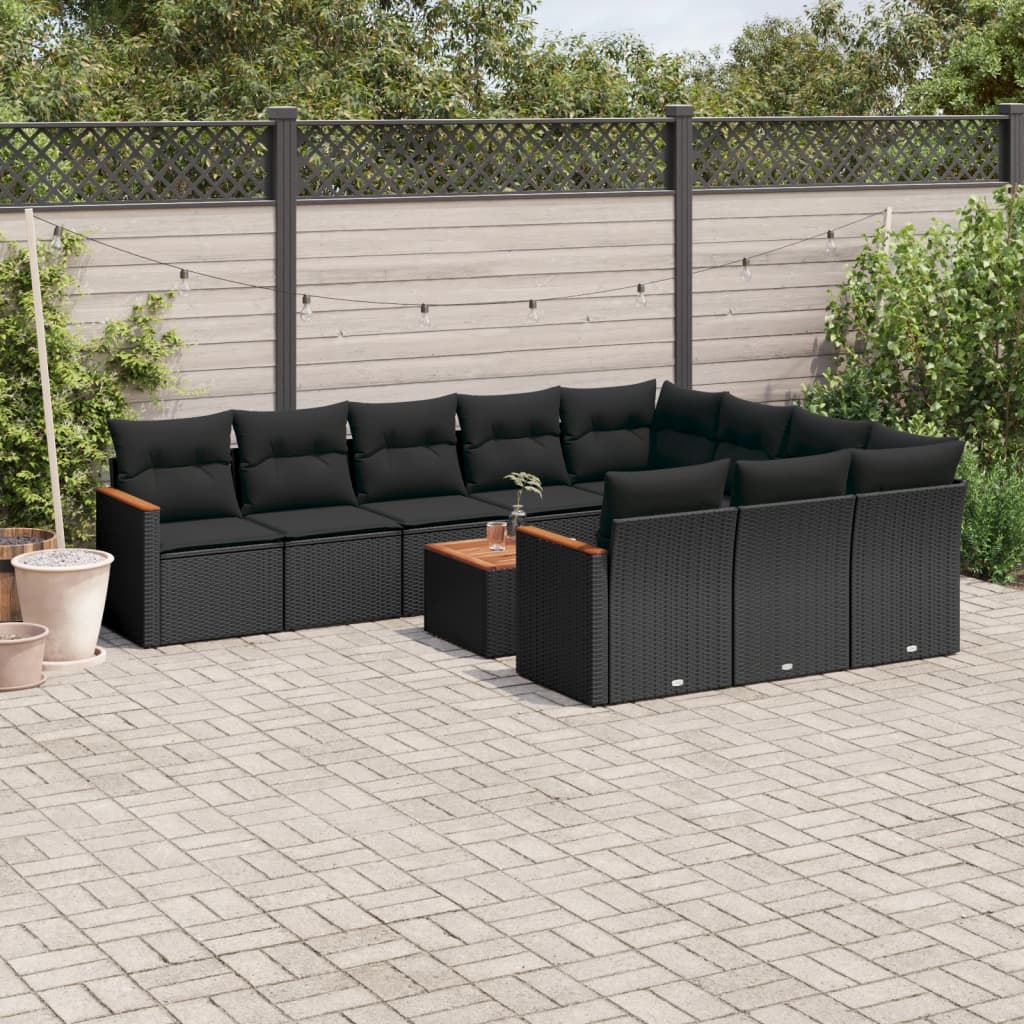 11 Piece Garden Sofa Set with Cushions Black Poly Rattan