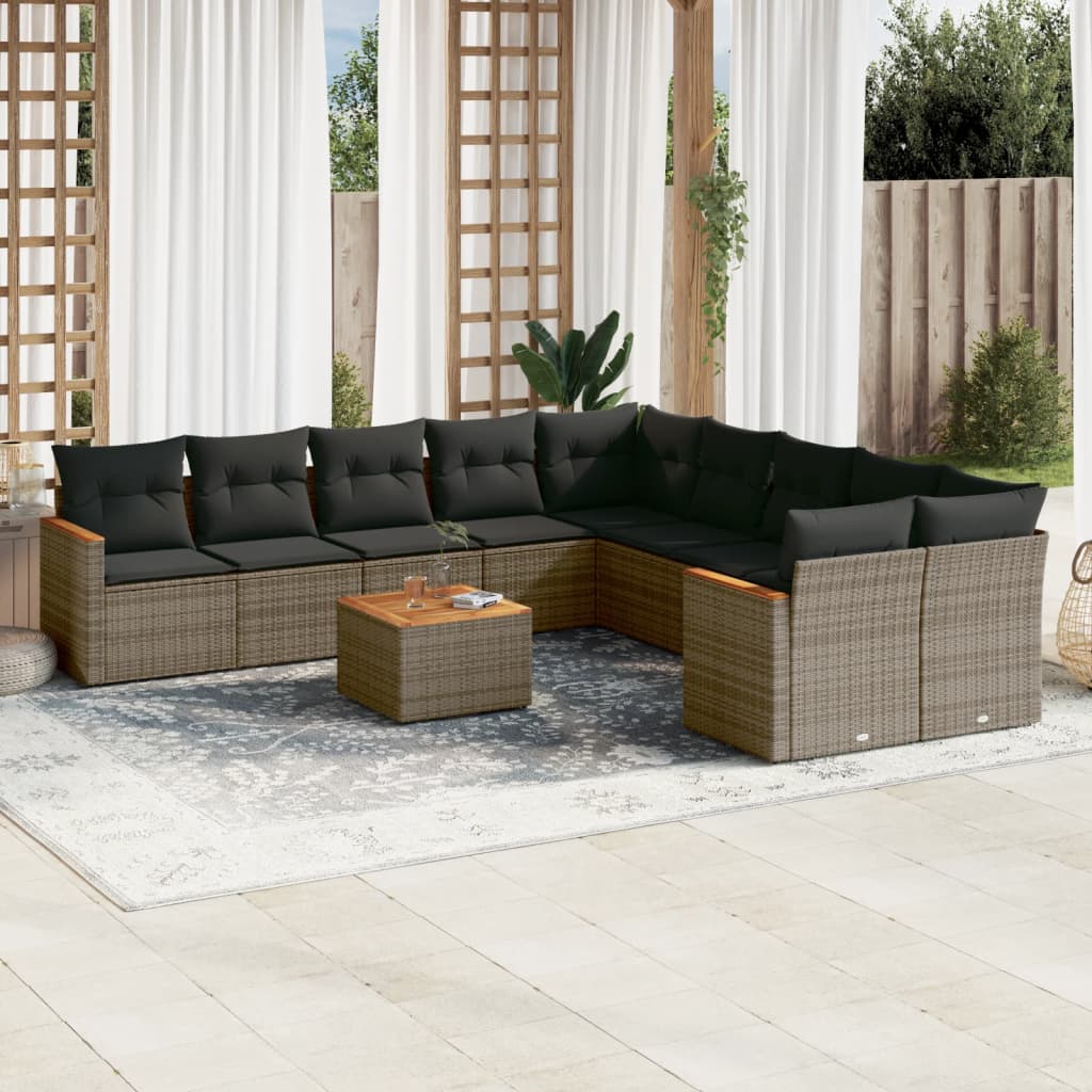 11 Piece Garden Sofa Set with Cushions Grey Poly Rattan