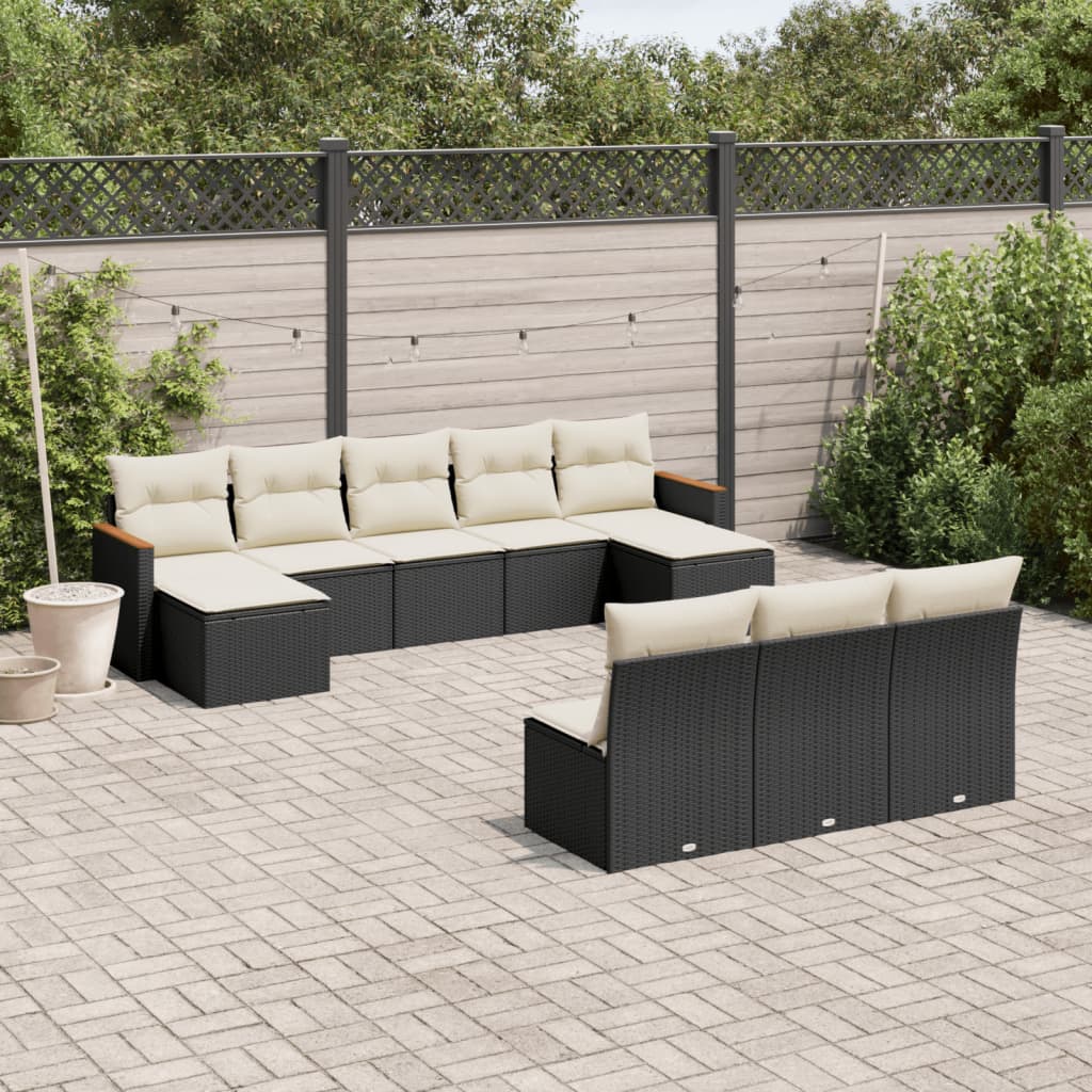 10 Piece Garden Sofa Set with Cushions Black Poly Rattan