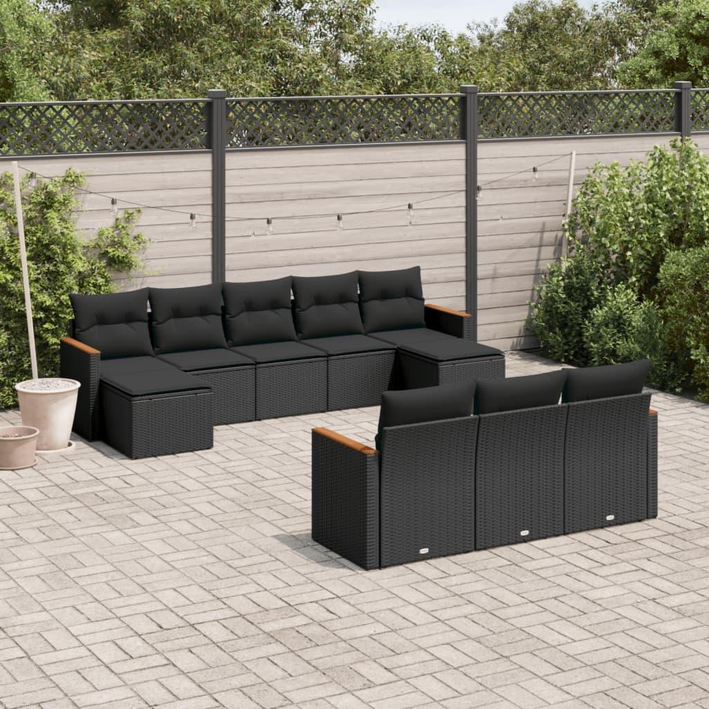 10 Piece Garden Sofa Set with Cushions Black Poly Rattan