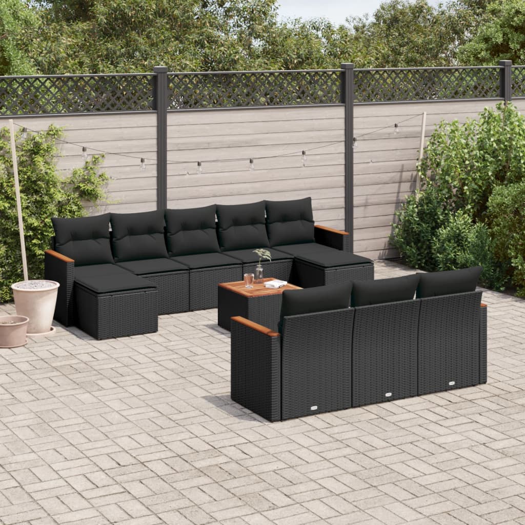 11 Piece Garden Sofa Set with Cushions Black Poly Rattan