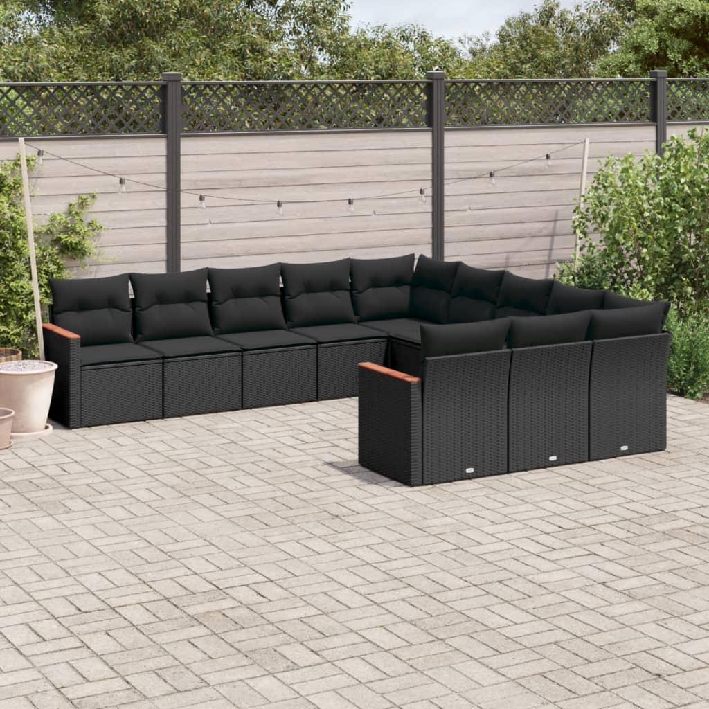 11 Piece Garden Sofa Set with Cushions Black Poly Rattan