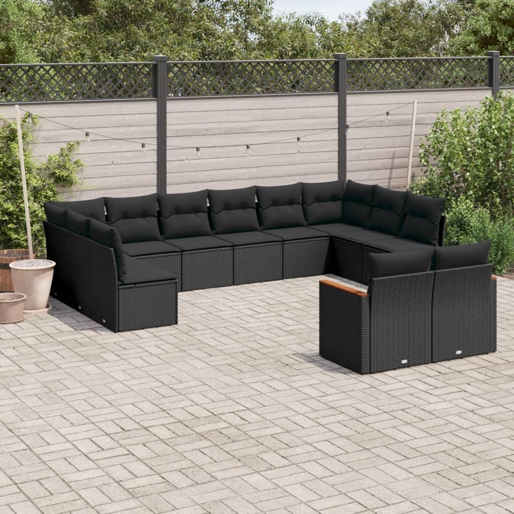 12 Piece Garden Sofa Set with Cushions Black Poly Rattan