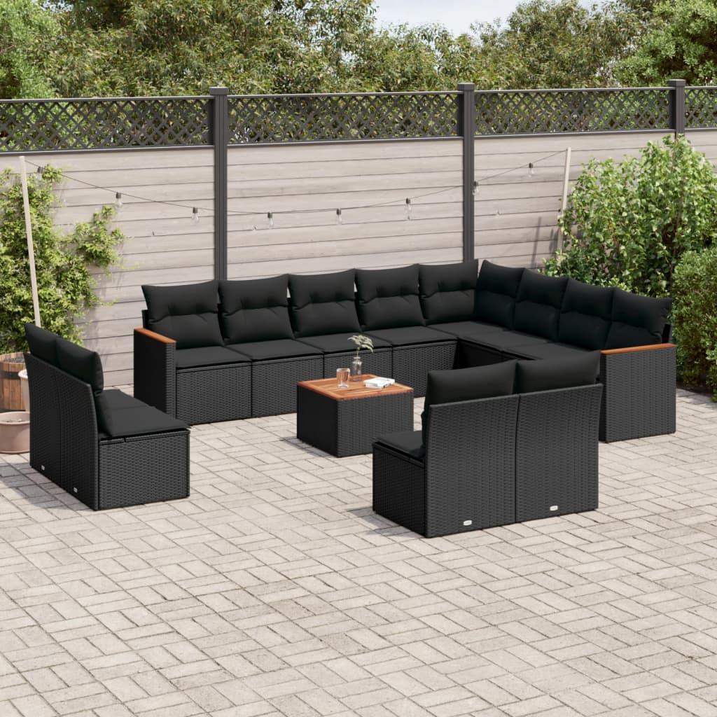 13 Piece Garden Sofa Set with Cushions Black Poly Rattan