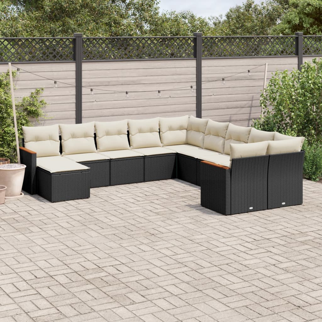 11 Piece Garden Sofa Set with Cushions Black Poly Rattan