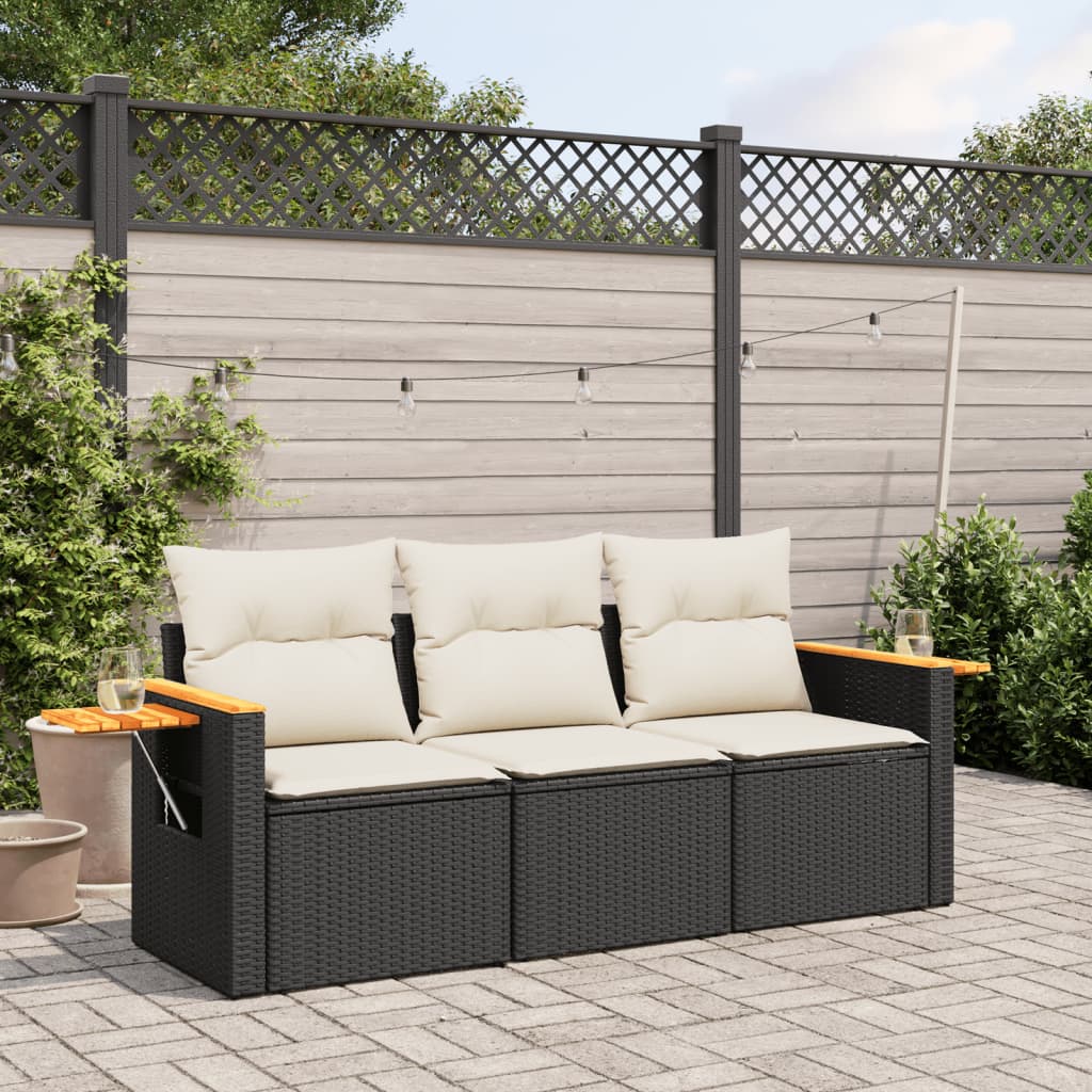 3 Piece Garden Sofa Set with Cushions Black Poly Rattan