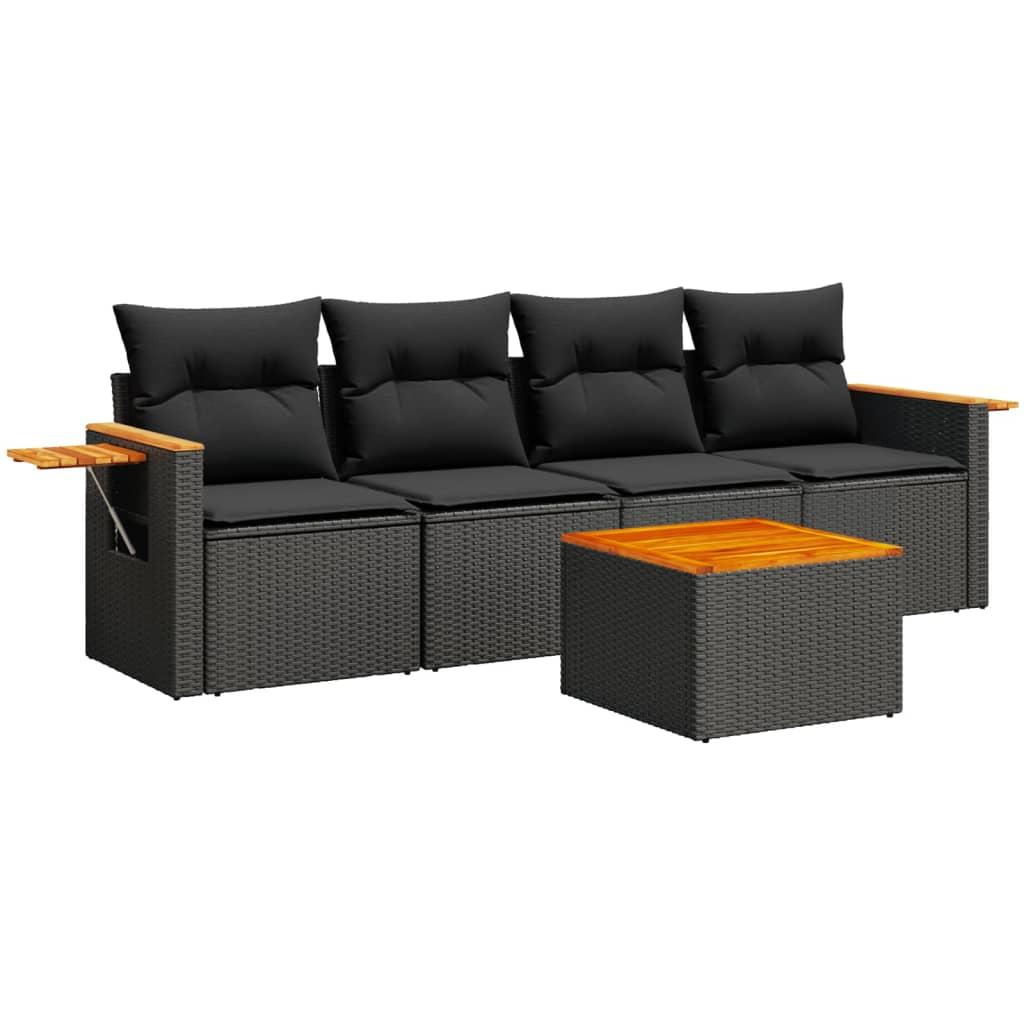 5 Piece Garden Sofa Set with Cushions Black Poly Rattan