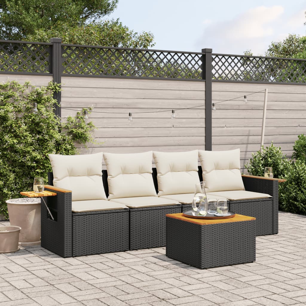 5 Piece Garden Sofa Set with Cushions Black Poly Rattan