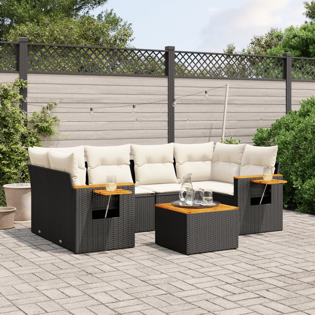 7 Piece Garden Sofa Set with Cushions Black Poly Rattan