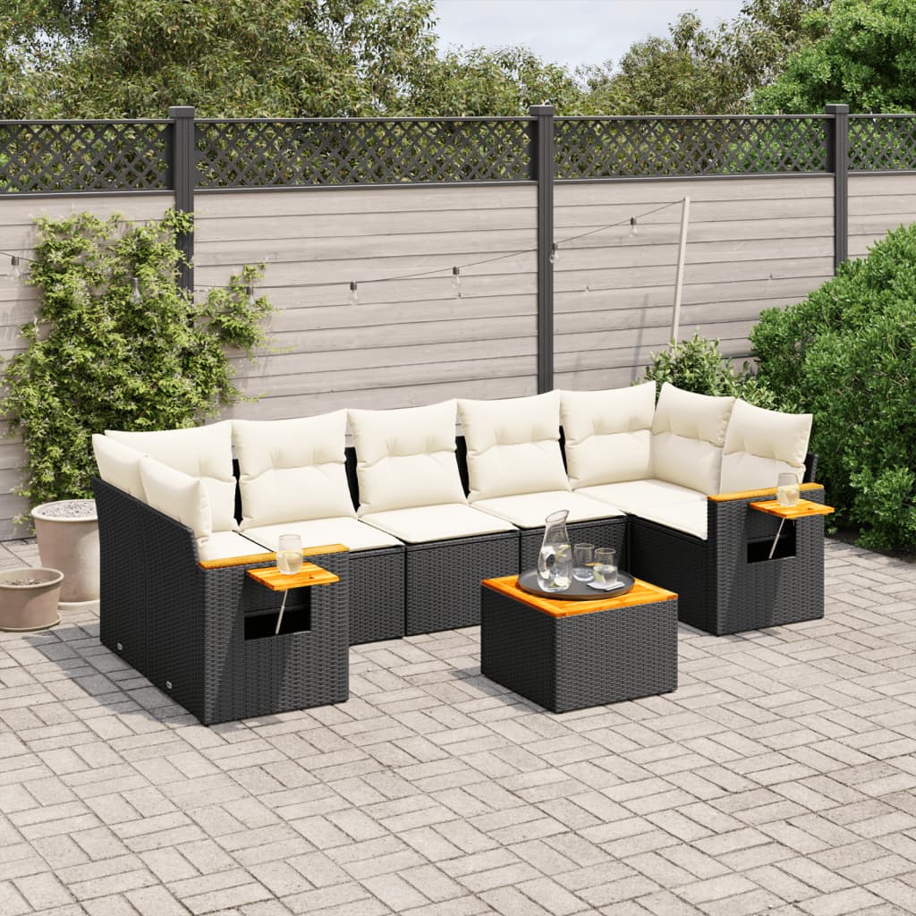 8 Piece Garden Sofa Set with Cushions Black Poly Rattan