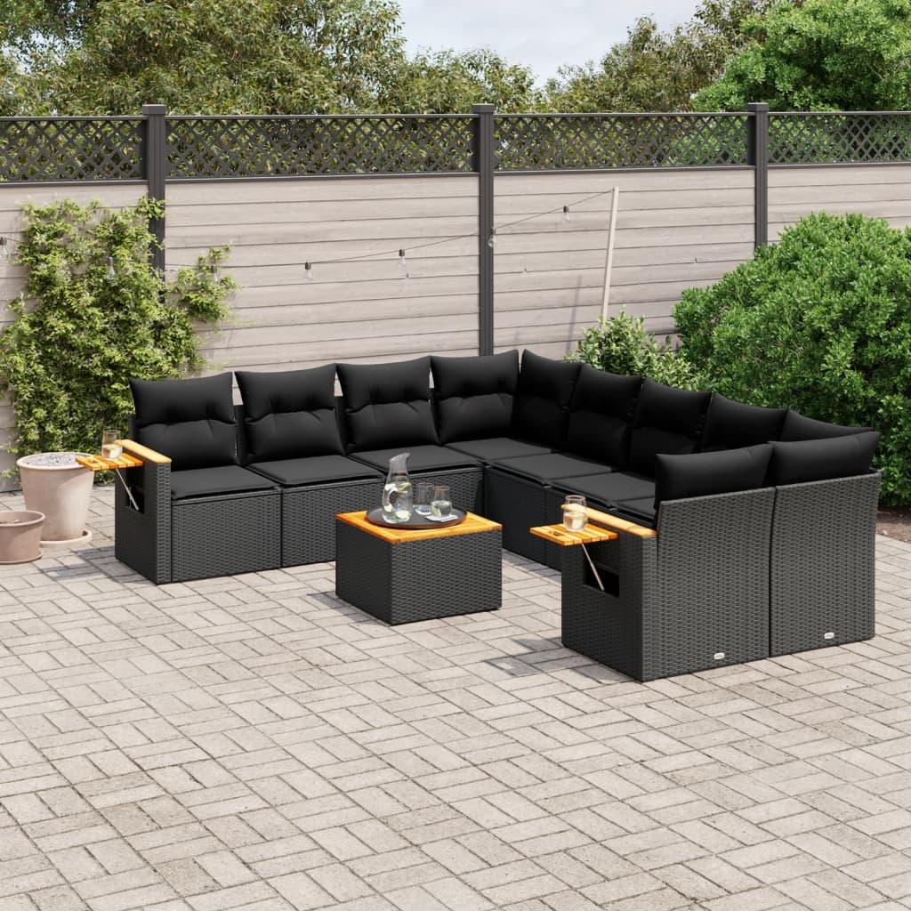 9 Piece Garden Sofa Set with Cushions Black Poly Rattan