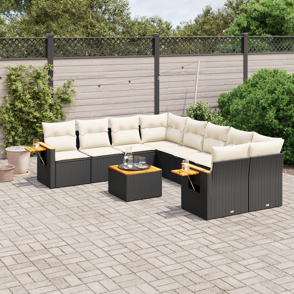 9 Piece Garden Sofa Set with Cushions Black Poly Rattan