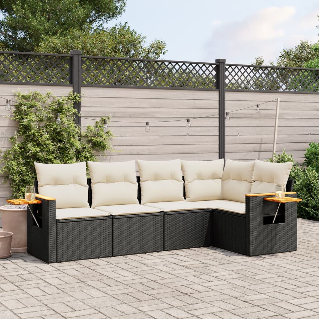 5 Piece Garden Sofa Set with Cushions Black Poly Rattan