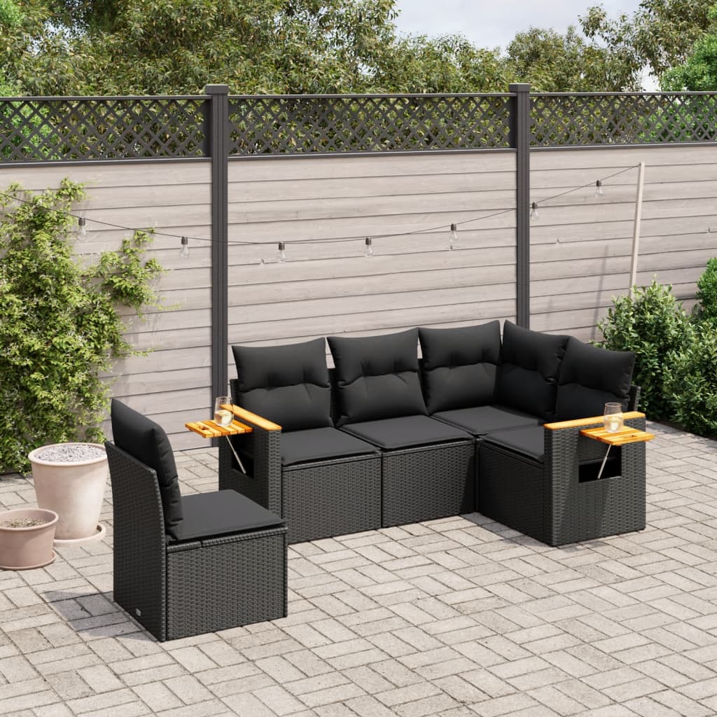 5 Piece Garden Sofa Set with Cushions Black Poly Rattan