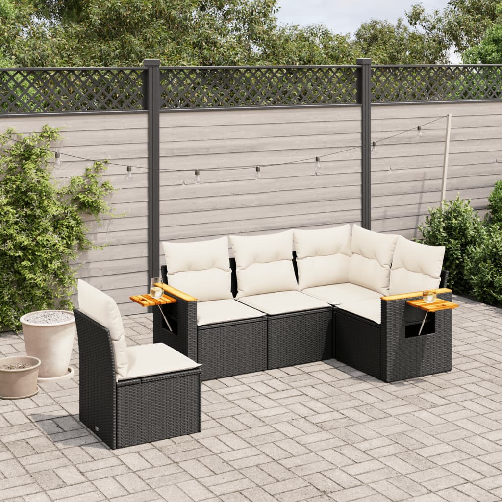 5 Piece Garden Sofa Set with Cushions Black Poly Rattan