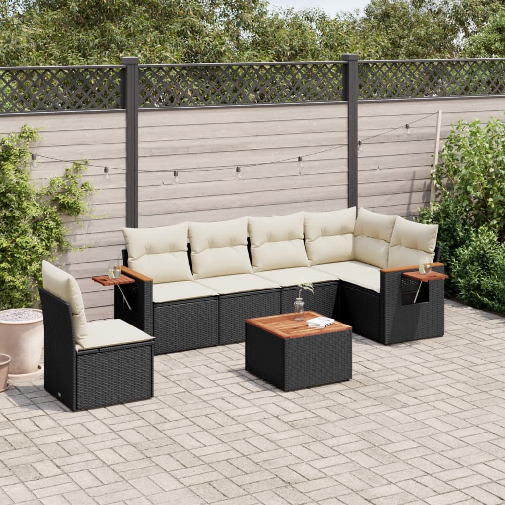 7 Piece Garden Sofa Set with Cushions Black Poly Rattan