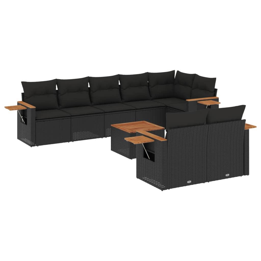 9 Piece Garden Sofa Set with Cushions Black Poly Rattan