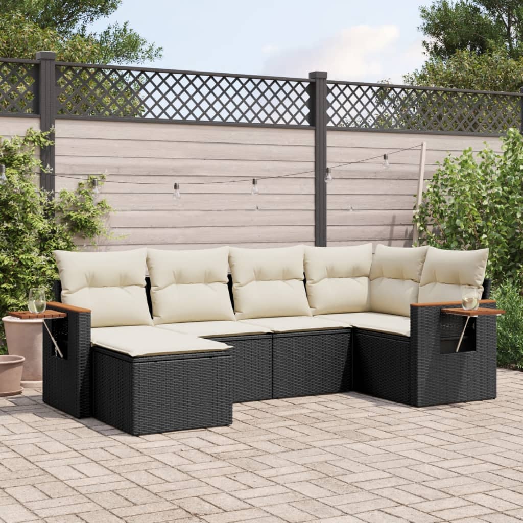 6 Piece Garden Sofa Set with Cushions Black Poly Rattan