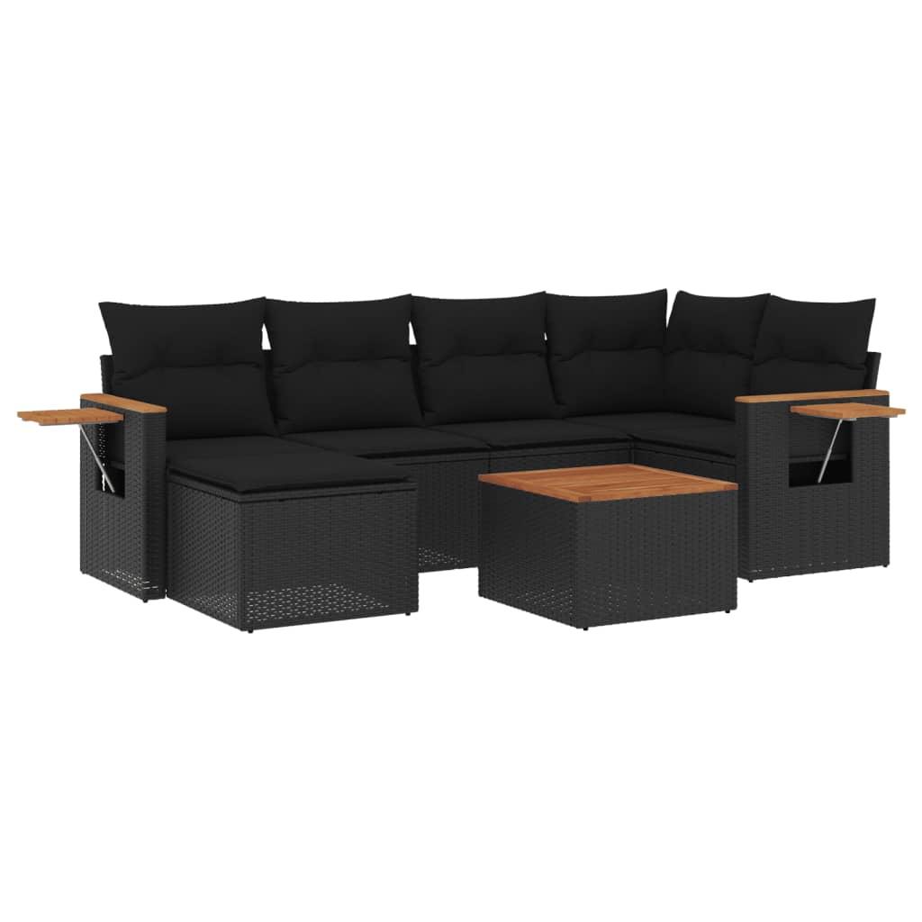 7 Piece Garden Sofa Set with Cushions Black Poly Rattan