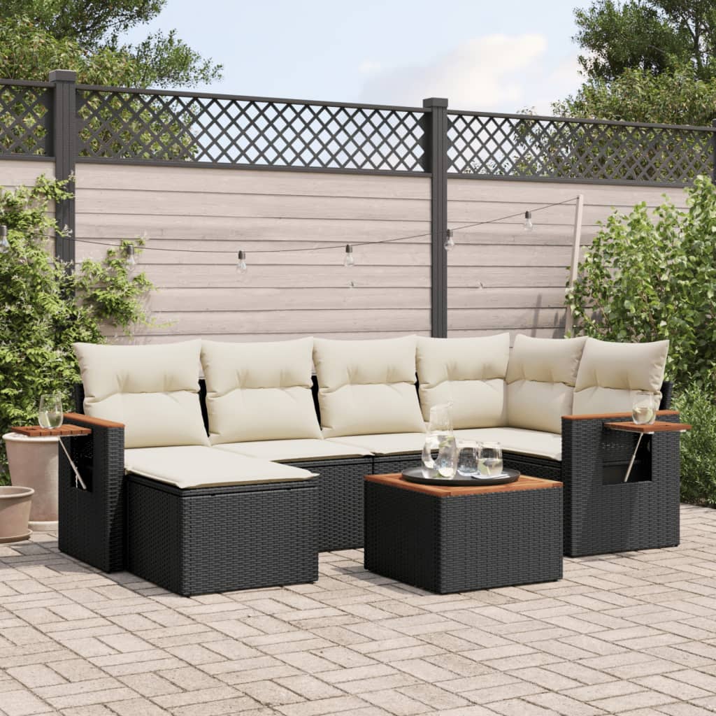 7 Piece Garden Sofa Set with Cushions Black Poly Rattan