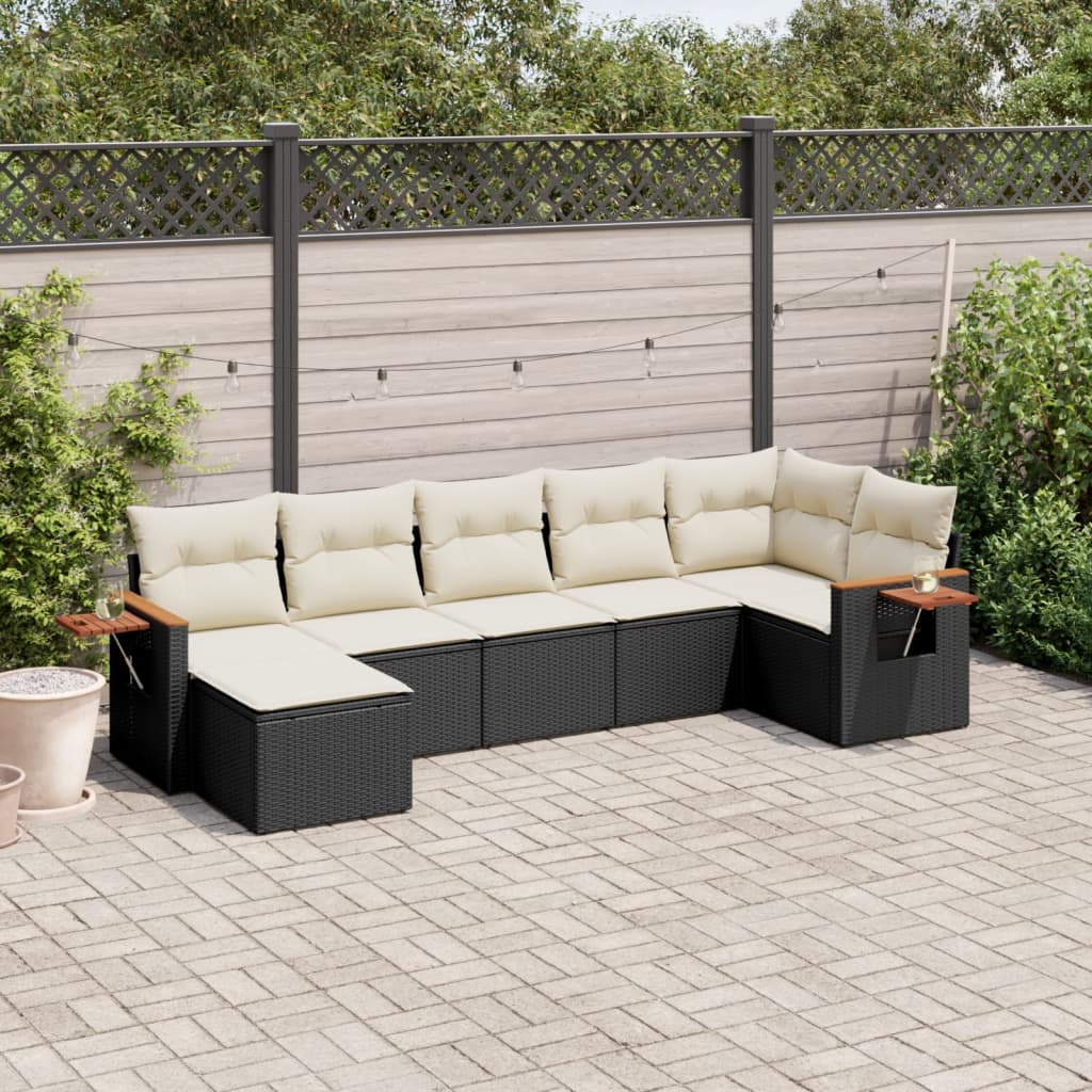 7 Piece Garden Sofa Set with Cushions Black Poly Rattan