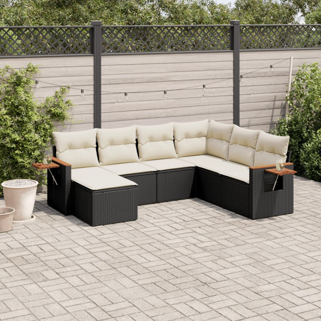 7 Piece Garden Sofa Set with Cushions Black Poly Rattan