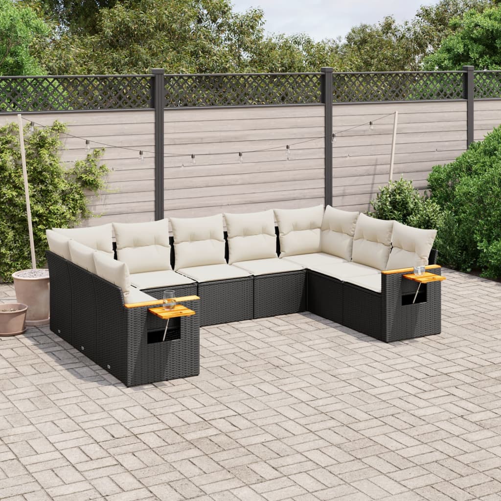 9 Piece Garden Sofa Set with Cushions Black Poly Rattan