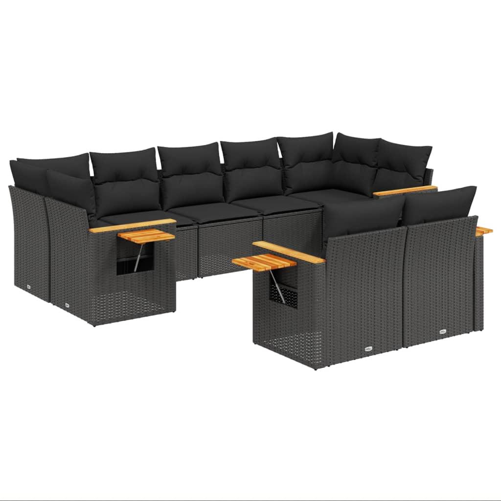 9 Piece Garden Sofa Set with Cushions Black Poly Rattan