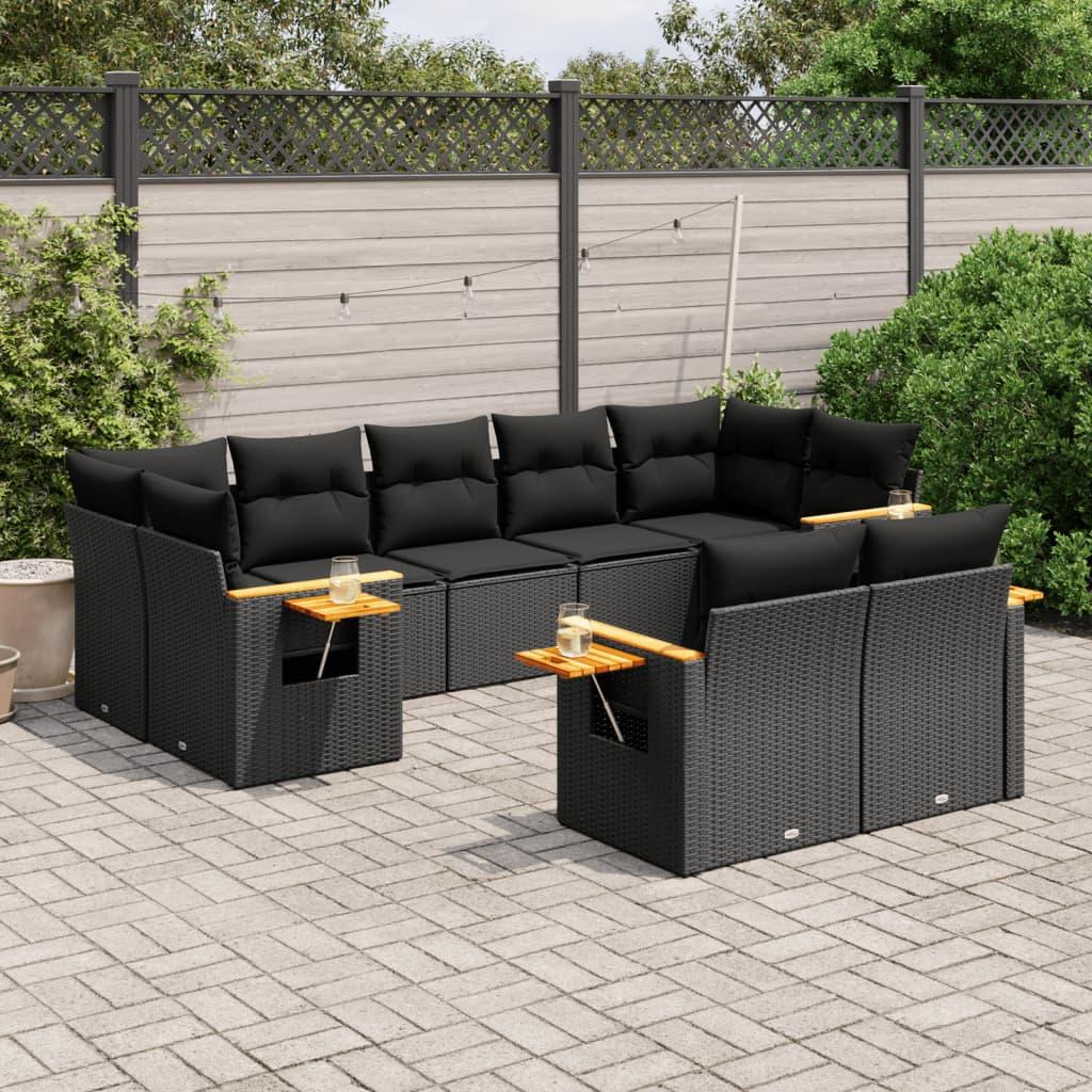 9 Piece Garden Sofa Set with Cushions Black Poly Rattan