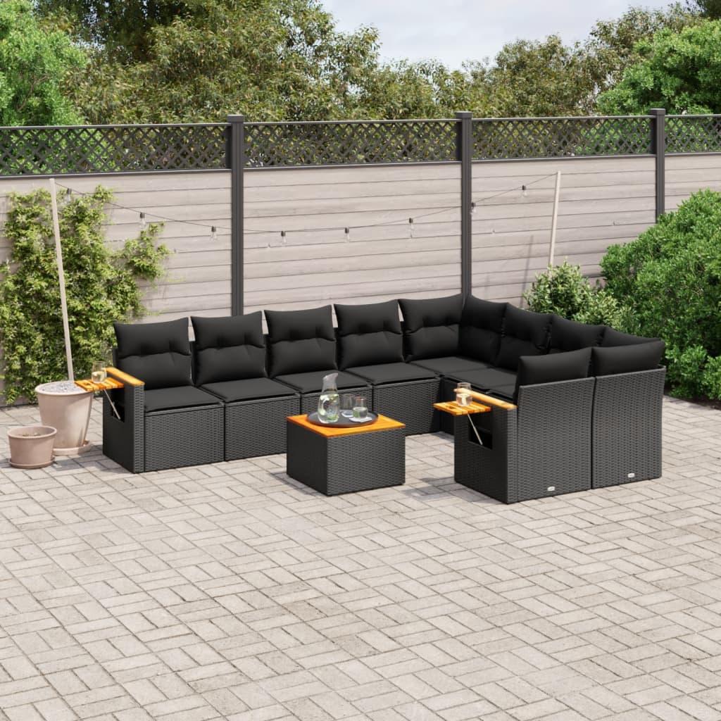 10 Piece Garden Sofa Set with Cushions Black Poly Rattan