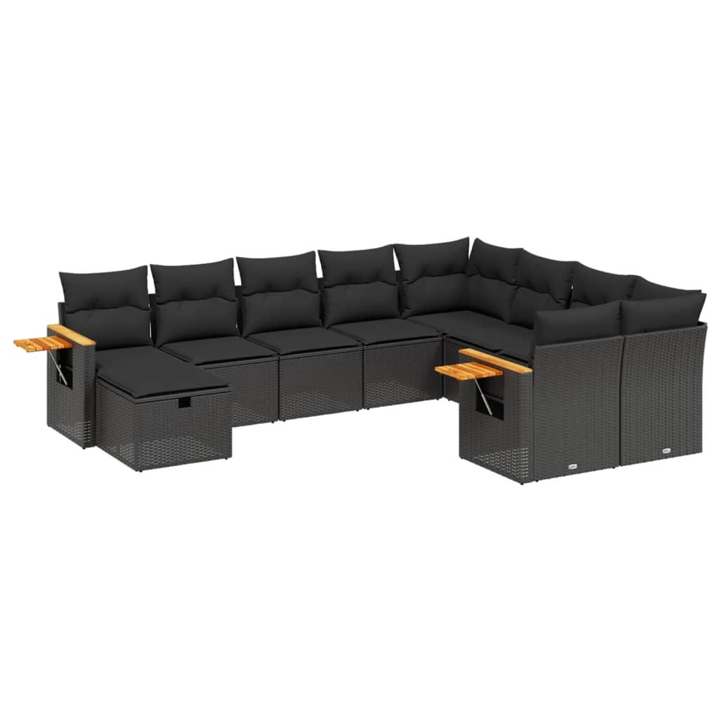 10 Piece Garden Sofa Set with Cushions Black Poly Rattan