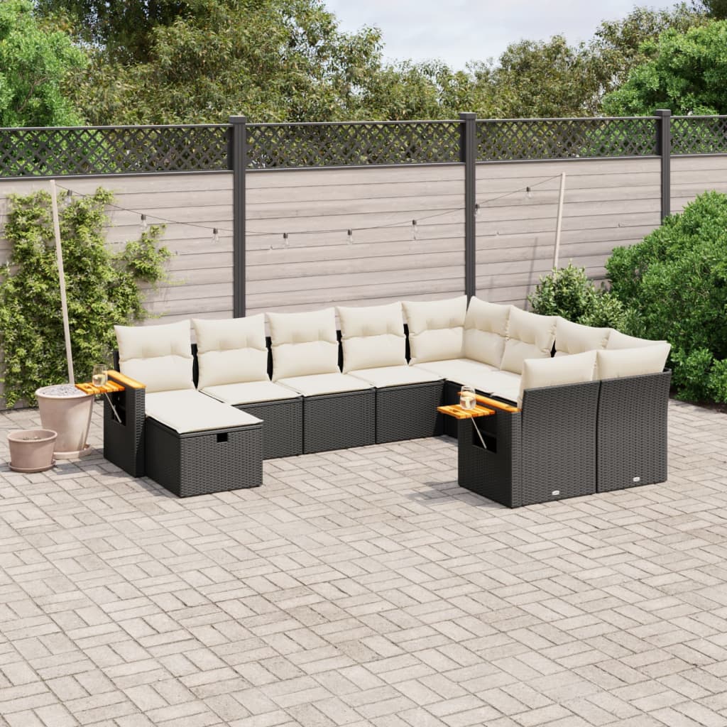 10 Piece Garden Sofa Set with Cushions Black Poly Rattan