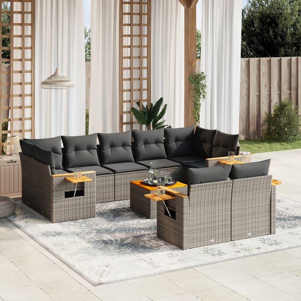 10 Piece Garden Sofa Set with Cushions Grey Poly Rattan