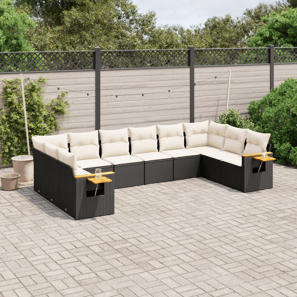 10 Piece Garden Sofa Set with Cushions Black Poly Rattan