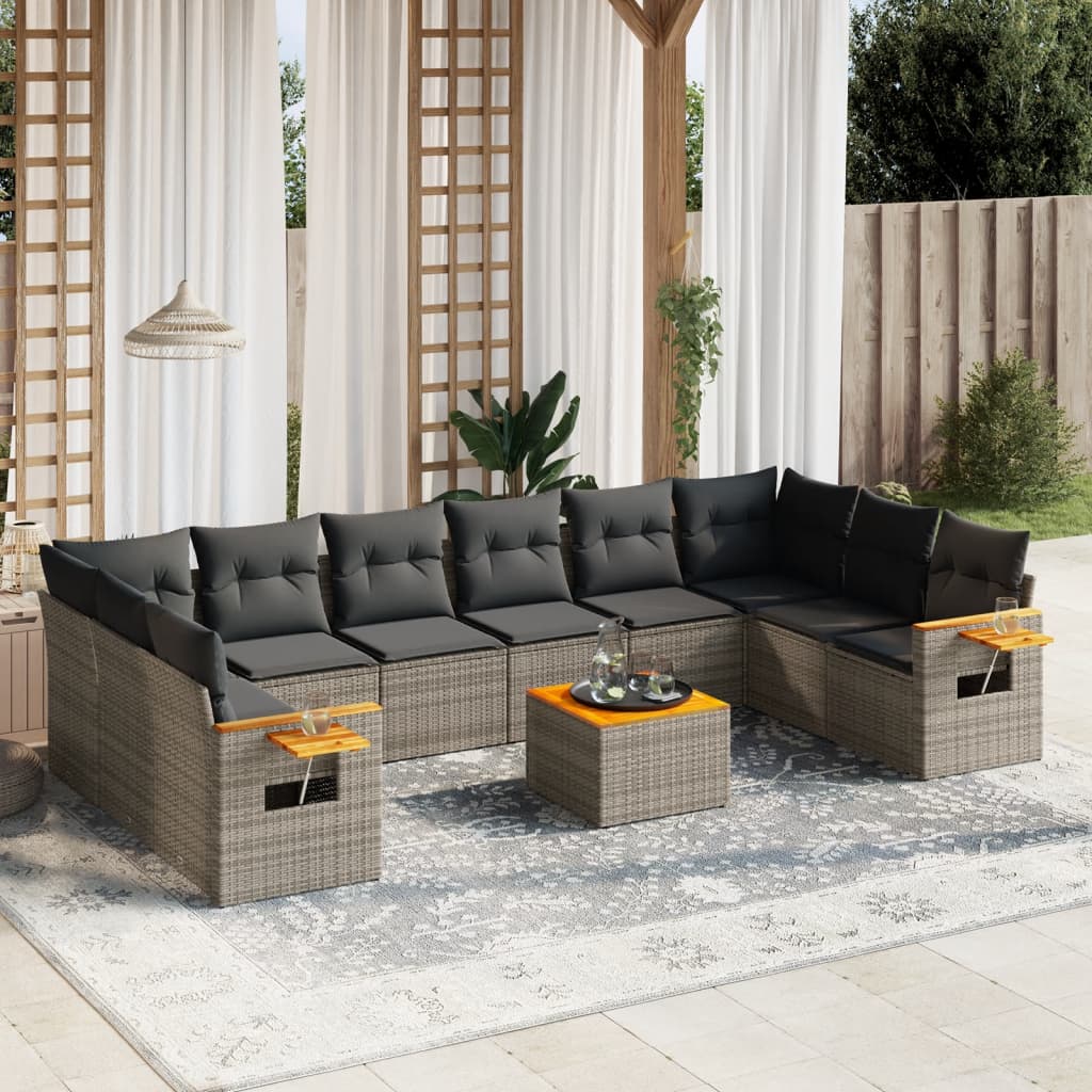 11 Piece Garden Sofa Set with Cushions Grey Poly Rattan