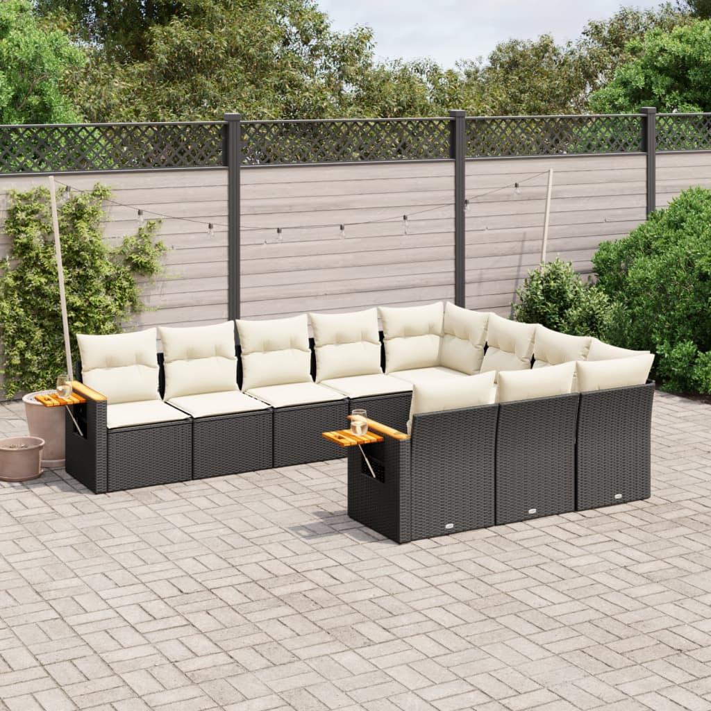 10 Piece Garden Sofa Set with Cushions Black Poly Rattan