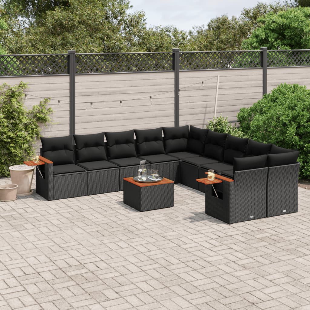 11 Piece Garden Sofa Set with Cushions Black Poly Rattan