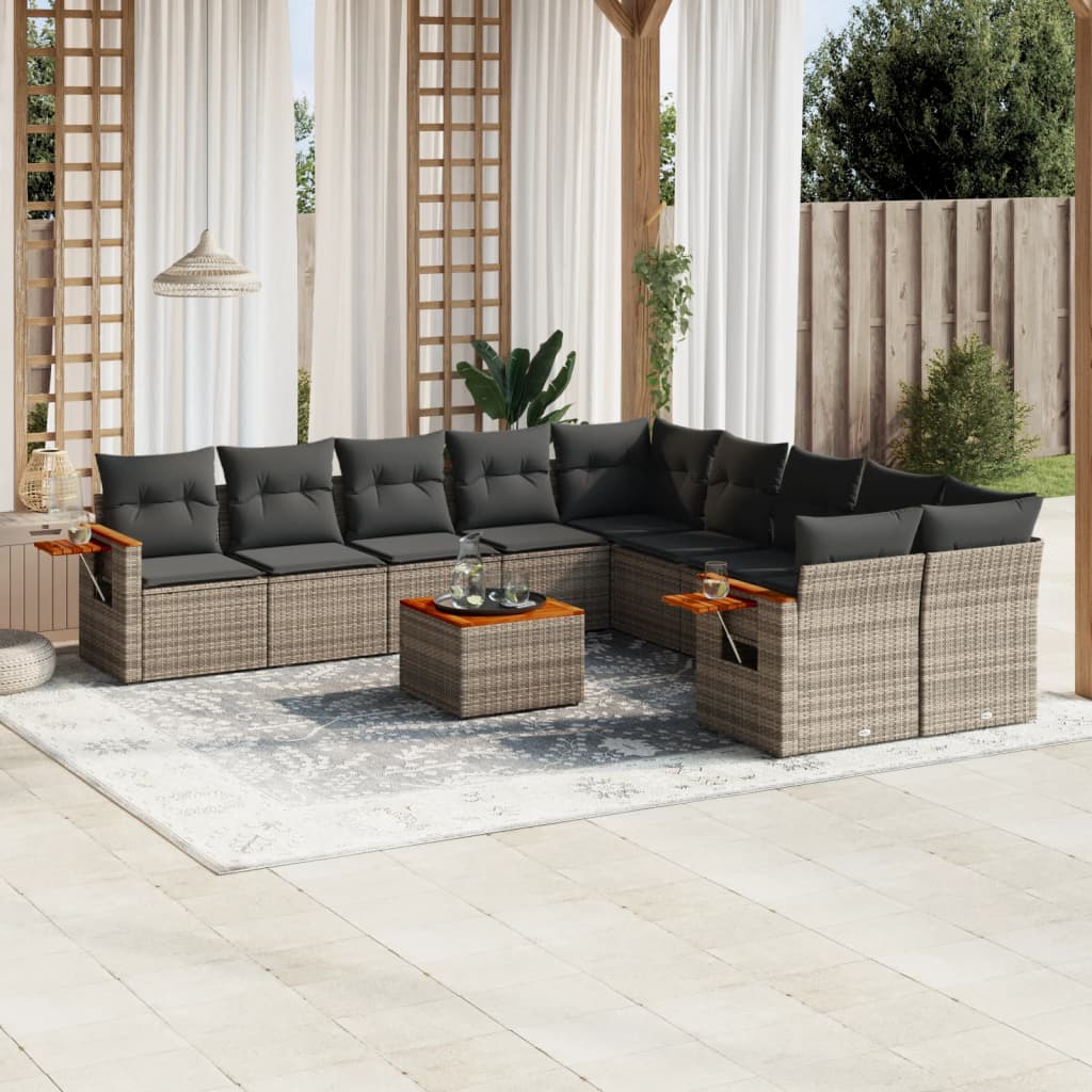 11 Piece Garden Sofa Set with Cushions Grey Poly Rattan