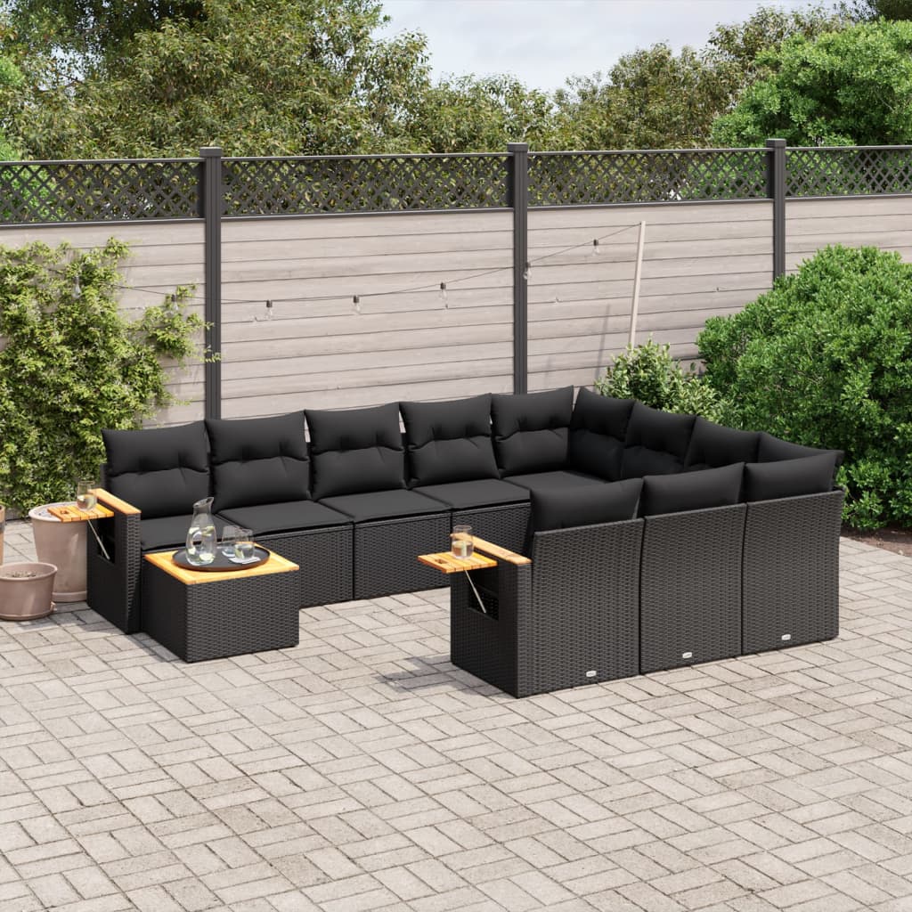 11 Piece Garden Sofa Set with Cushions Black Poly Rattan