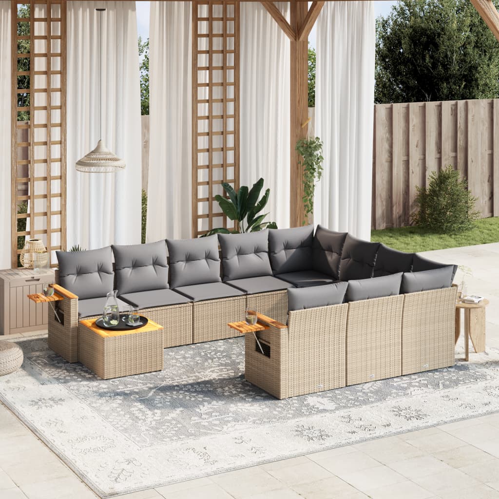 11 Piece Garden Sofa Set with Cushions Beige Poly Rattan