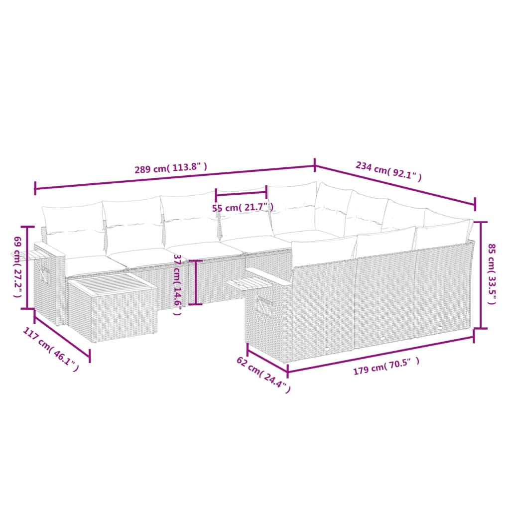 11 Piece Garden Sofa Set with Cushions Grey Poly Rattan