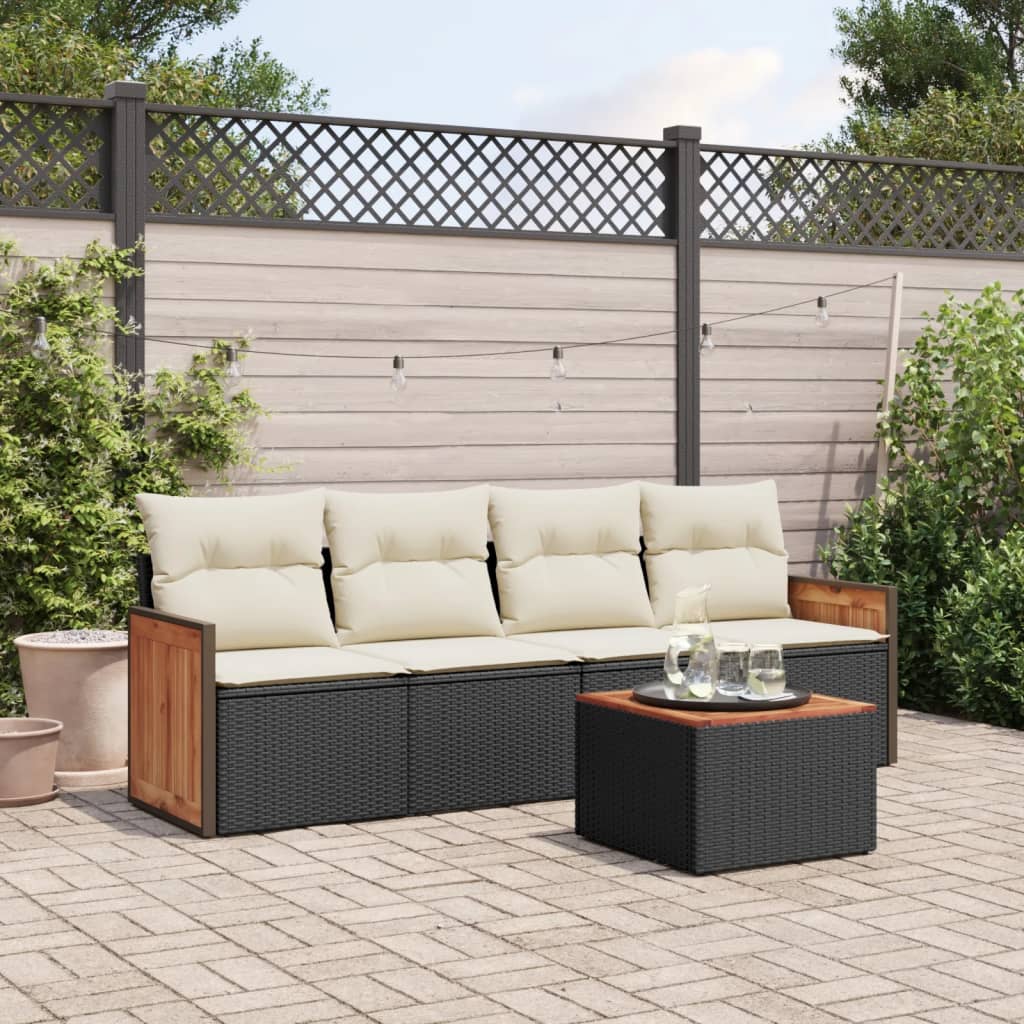 5 Piece Garden Sofa Set with Cushions Black Poly Rattan