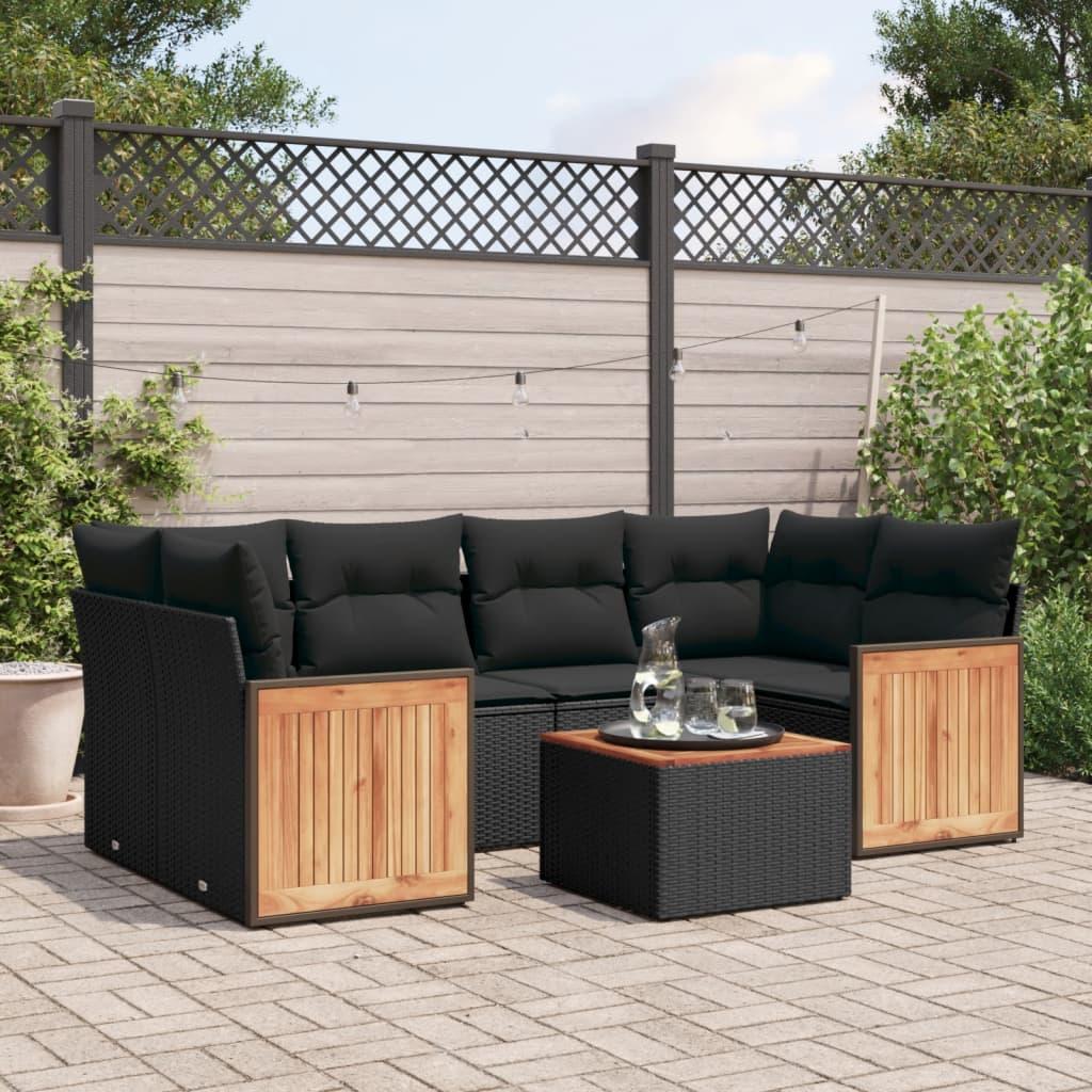 7 Piece Garden Sofa Set with Cushions Black Poly Rattan