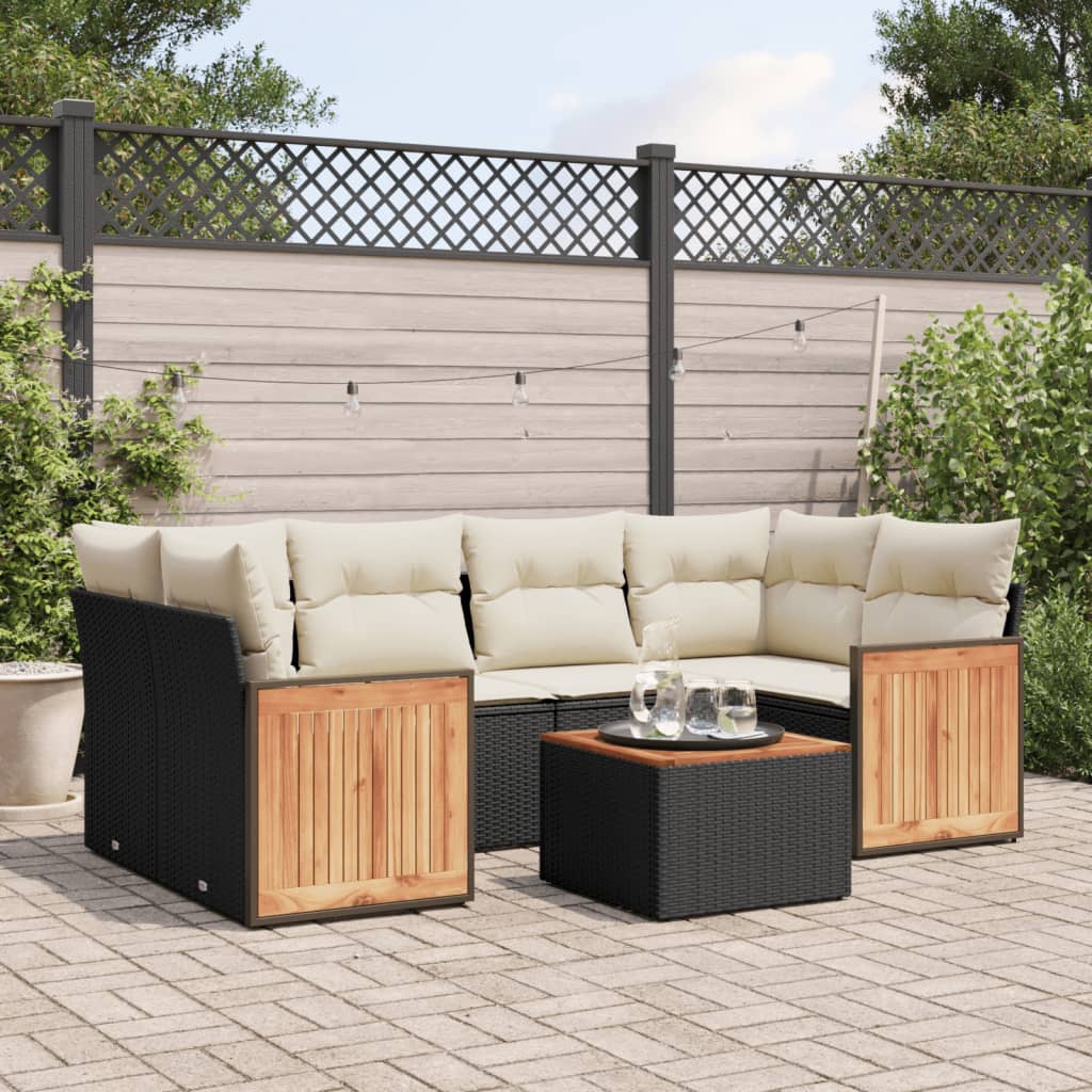 7 Piece Garden Sofa Set with Cushions Black Poly Rattan