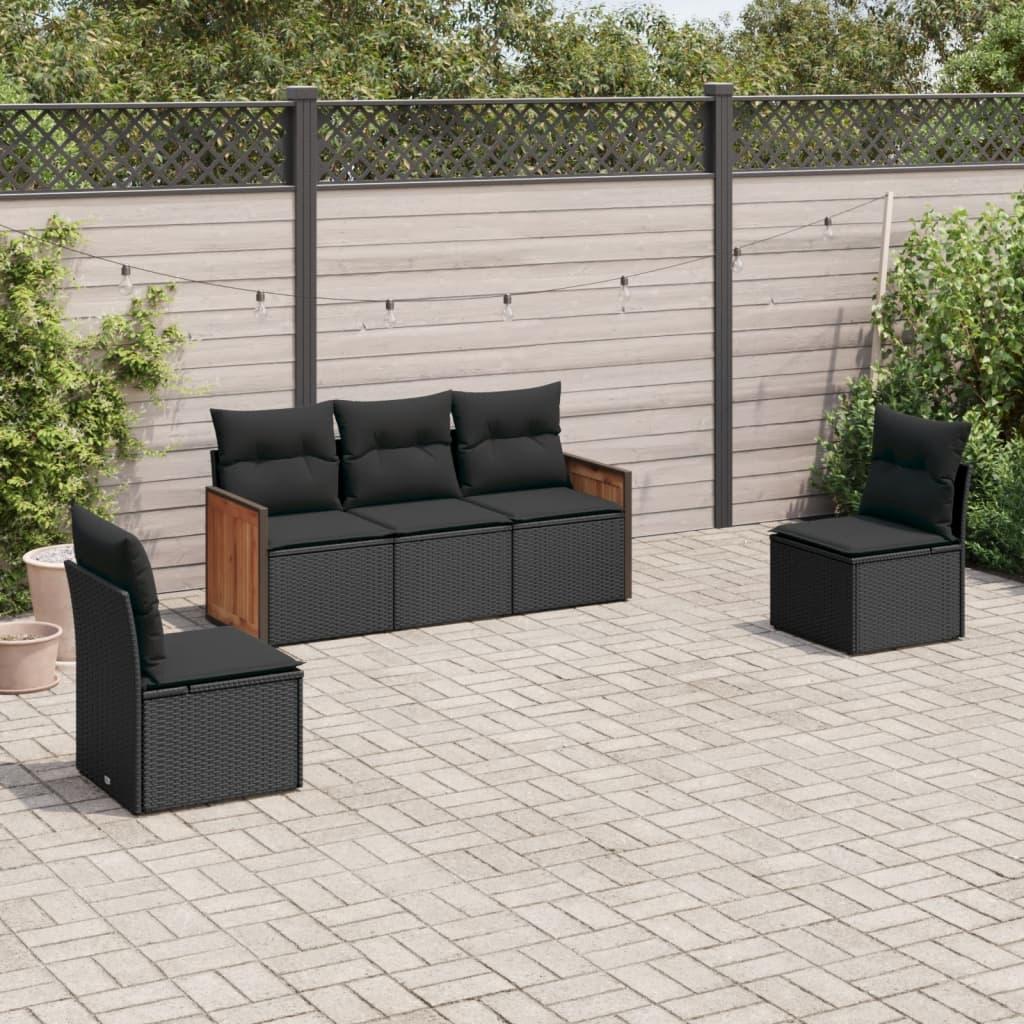 5 Piece Garden Sofa Set with Cushions Black Poly Rattan